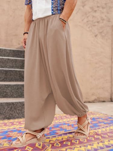 Image of Leriya Fashion Men's Boho Hippie Harem Pants | Black Printed Wide-Leg Trousers | Koren Streetwear Loose Baggy Fit Summer Lounge Yoga Lowers | Men's Solid Cowl Dhoti Pants | Relaxed Fit Draped Harem