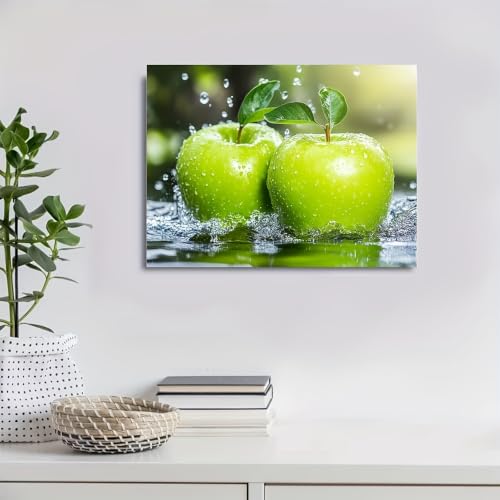 Cuadro de manzana verde con gotas de agua y marco interior de 20x25cm 4