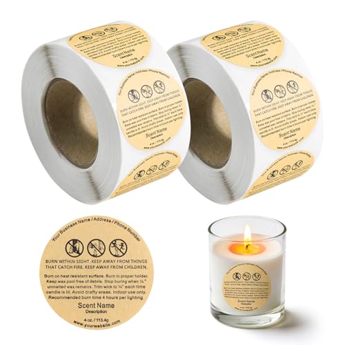 HDFCLUP 1000Pcs Brown Candle Warning Labels - 2 Rolls Kraft Paper Stickers Essential Wax Melt Warning Labels and Candle Labels for Candle Making for Your Candle Making Supplies