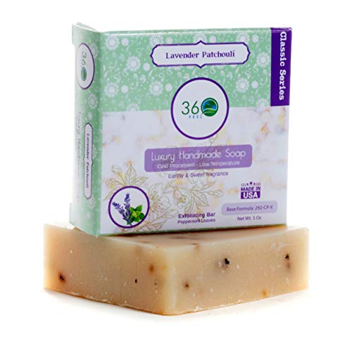 360Feel Lavender Patchouli Soap - 5Oz Castile Handmade Soap Bar- Refreshing Earthy With Peppermint Leaves Skin Scrub Exfoliation - Man Soap-Essential Oils - Gift Ready #TOP3
