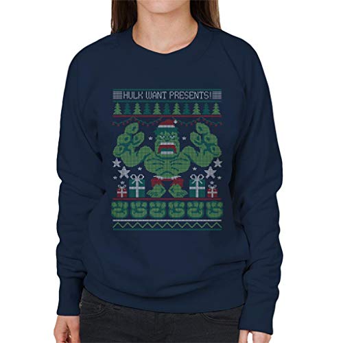 All+Every Marvel Avengers Christmas Hulk Want Presents Knit Pattern Women's Sweatshirt Navy Blue