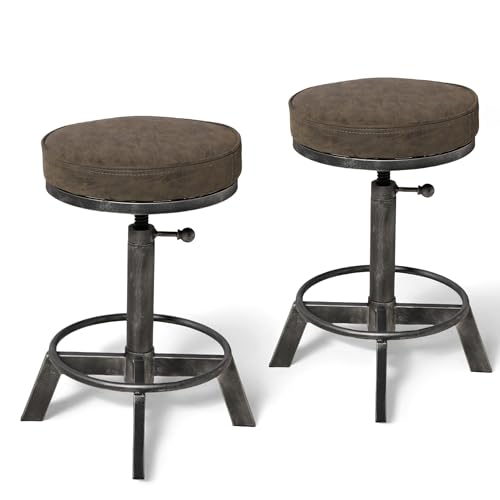 Image of BOKKOLIK Set of 2 Swivel Pu Seat Bar Stools Industrial Style 17-24inch Height Adjustable Kitchen Stool Extra Guest Chair