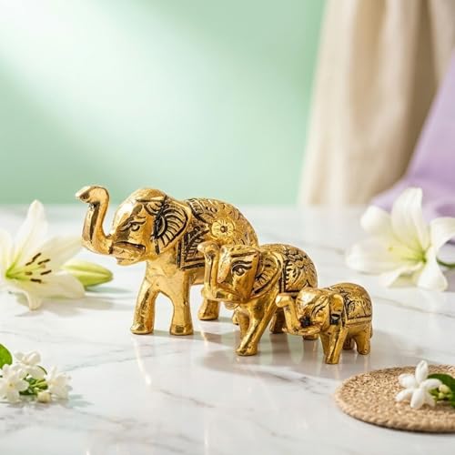 Image of eCraftIndia Set of 3 Golden Metal Elephant Statues for Good Luck| Animal Figurines Decorative Elephant Showpieces| Elephant Decorative Items for Home Living Room Office| Gift for Diwali Housewarming