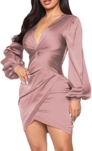 DeftSharp Women Fashion Ruched Elegant Bodycon Long Sleeve Wrap Front Solid Color Casual Basic Fitted Short Dresses Rosybrown