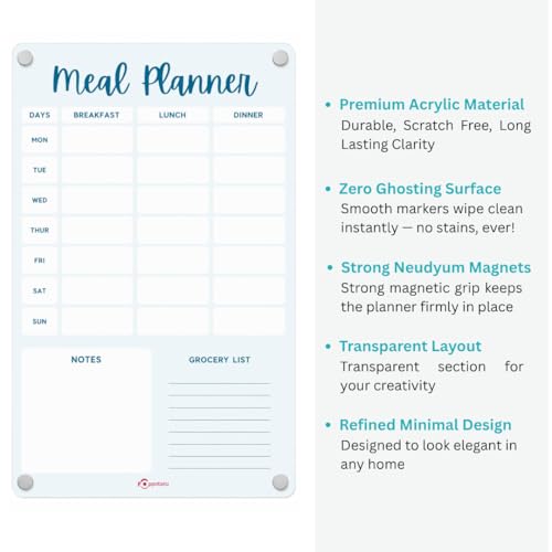 Image of Acrylic Weekly Meal Planner Magnetic Fridge and Todo Board with 2 Marker - A4 Size | Premium and Durable | Perfect for Meal Planning, Shopping Lists, Notes, Home and Office use - Blue
