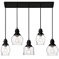 WILON Pendant Lights Kitchen Island, 5-Light Dining Room Light Fixture with Seeded Glass Shade, Farmhouse Chandeliers for Dining Room Matte Black Finish Hanging Linear Chandeliers for Kitchen Island