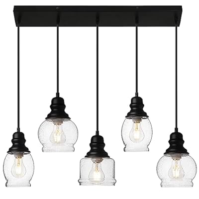 WILON Pendant Lights Kitchen Island, 5-Light Dining Room Light Fixture with Seeded Glass Shade, Farmhouse Chandeliers for Dining Room Matte Black Finish Hanging Linear Chandeliers for Kitchen Island