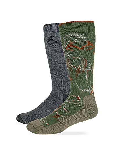 Realtree Mens Camo Wool Blend Socks, Green Camo/Black, (L) M 9-12, 2 Pair
