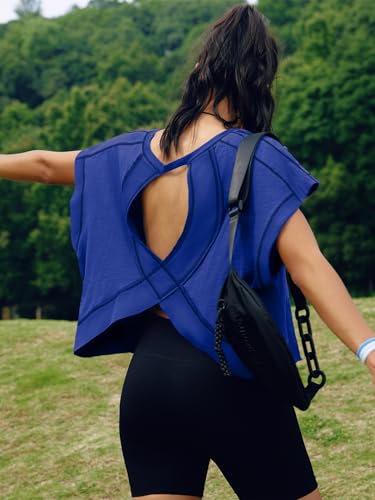 Image of SENSERISE Womens Open Back Workout Tops Backless Short Sleeve Athletic Shirt Running Crop Top Gym Yoga Tee