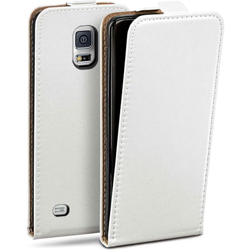 MoEx Funda con Solapa Vertical magnética para Samsung Galaxy S5 Mini, Plegable, protección Completa de 360 Grados, Funda con Tapa de Cuero Vegano, Perla Blanco