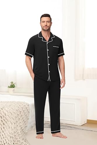 Men Pajamas Set Two Pieces Short Sleeve Sleepwear Button Down Loungewear Set Soft Modal Pj Set with Pockets4