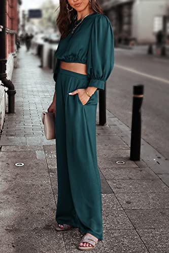 Prettygarden Women's 2 Piece Satin Outfits 2023 Spring Casual Puff Sleeve Crop Tops Blouse And Long Palazzo Pants Set (Blue Green,Medium) #TOP2