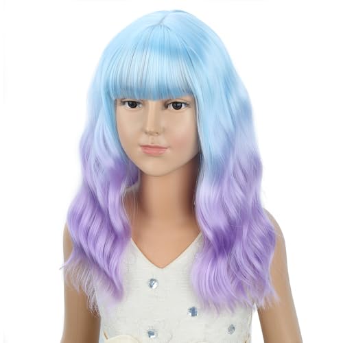 Image of PATTNIUM Girls Blue Ombre Purple Wig with Bangs Kids Short Wavy Curly Wig Blue and Purple Bob Wigs Synthetic Halloween Costume Cosplay Party Wigs