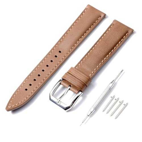 Spolife Leather Watch Straps for Men & Women Genuine Leather Replacement Bands, Quick Release Replacement Watchbands 16mm 18mm 20mm 22mm (with Watchstrap Pins,Repair Tool) (Camel, 18mm)