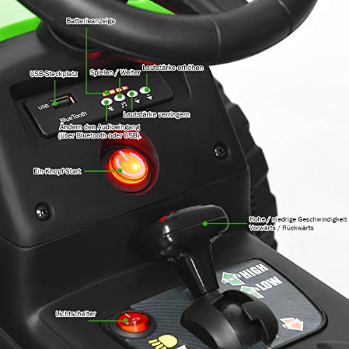 COSTWAY 12V 3-Gang Traktor mit abnehmbarem Anhänger und 2,4G Fernbedienung, Kinder Aufsitztraktor mit LED Lichtern, Musik, Hupe & USB Funktionen, geeignet für Kinder ab 3 Jahren (Grün)