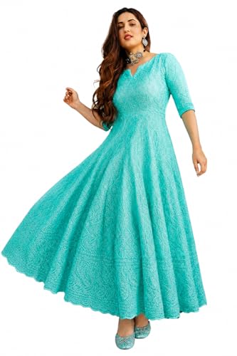 Image of LookMark Women's Chikankari Embroidered Ethnic Gown, Ankle Length Flared Dress, 3 /4 Sleeves, Traditional Indian Wear