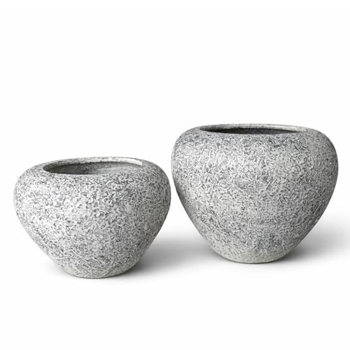 Maceta grande exterior cerámica artesanal cuenco coco textura volcánica gris para jardín terraza patio diseño decorativo moderno resistente intemperie dos tamaños ideal plantas ornamentales