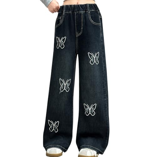 Girls Jeans Cute Butterflies Elastic Waist Straight Baggy Wide Leg Casual Kids Denim Pants