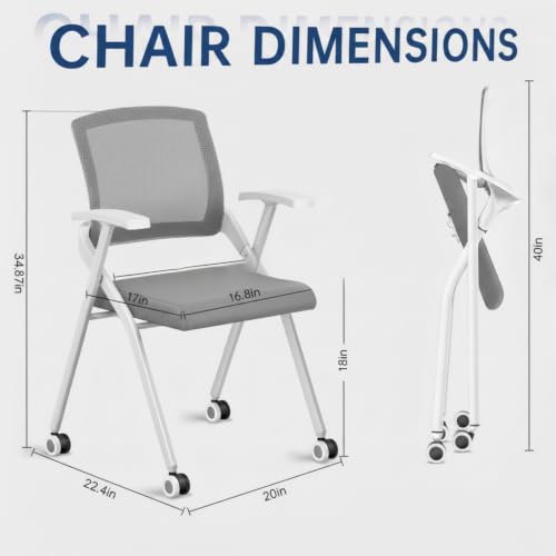 Image of Folding Office Chair Conference Room Chair with Armrest Mesh Back, Stackable Foldable Office Chair for Guest Reception Meeting Classroom Training Seminar (50, Gray- with Wheel)