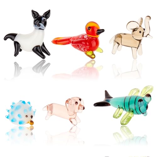 AHANDMAKER 6 Pcs Animals Figurines 6 Styles Glass Animal Figurines for Table Home Decoration Dragonfly Bird Hedgehog Dog Elephant Palm Civet Glass Display Miniature for Anniversary Birthday Gift
