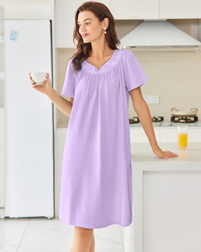 Image of Ekouaer Moo Moos for Women House Dress With Pockets Cotton Nightgowns Short Sleeve Night gowns Embroidered Mumu Dress