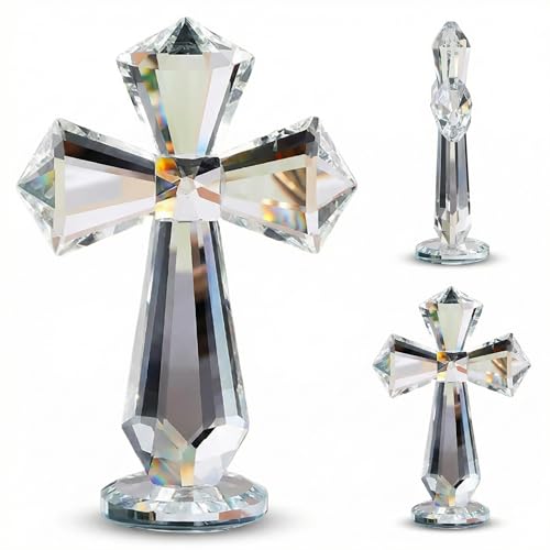 WCCDXGP 6 Inch Hand-Carved Crystal Cross Desk Decor Spiritual Gift for Christians Clear K9 Crystal Religious Figurine with 360 Faceted Design Home Altar & Office Inspirational Ornament (Transparent)