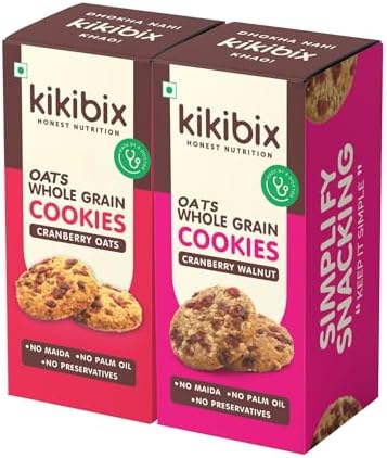 Kikibix Cranberry & Walnut Oats Cookies Combo, PCOS & Weight Loss Friendly, No Refined Sugar, No Maida, No Added Preservatives, 130gm (Pack of 2), 24 Pieces
