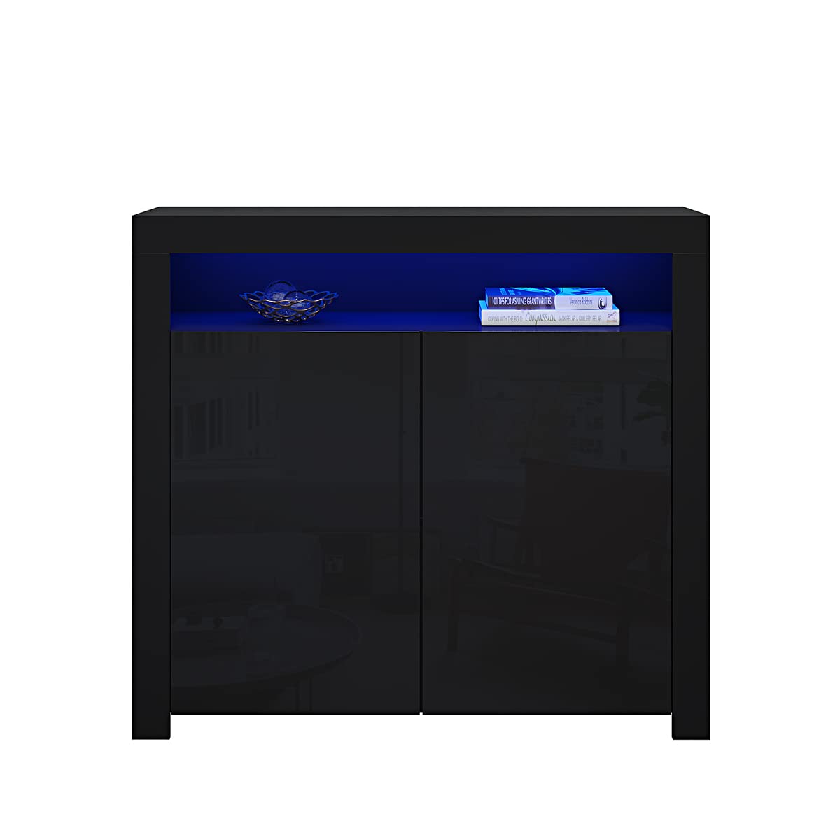 Panana Sideboard Cabinet with Doors Shelves High Gloss Fronts Storage Cupboard with RGB LED Lights Lighting Living Room Dining Room Furniture (Black)