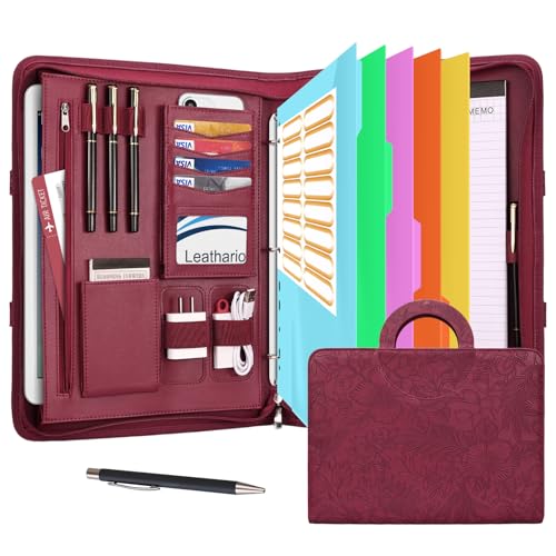 Image of Leathario Portfolio Binder, Includes 5 Folder Index Dividers, 13 Inch Tablets Organizer with Handle, Vegan Leather A4 Padfolio, Multi-Pocket Notepad Business Planner Professional Document