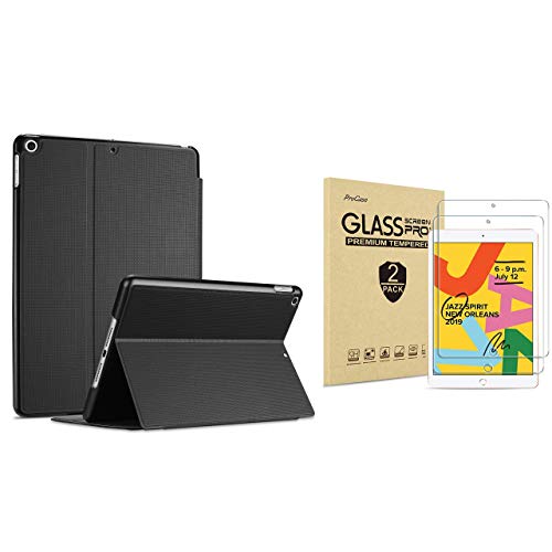 ProCase iPad 10.2 Case 2019 7th Gen iPad Case (Black) Bundle with 2 Pack iPad 10.2 7th Gen Tempered Glass Screen Protector