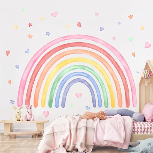 Supzone Stickers Muraux Enfants Arc en Ciel, Cœurs et Étoiles - Autocollant Mural pour Déco Chambre Fille - Stickers Muraux Grand Format pour Nursery, Salle...