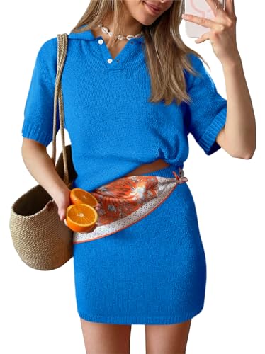 Image of Tankaneo Womens Skirt 2 Piece Sweater Sets Short Sleeve V Neck Knit Polo Shirts Mini Skirts Summer Beach Vacation Outfits