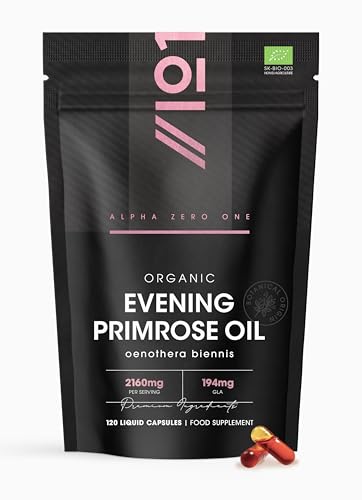 Organic Evening Primrose Oil 2160mg – 195mg GLA – 120 Vegan Liquid Capsules – Cold-Pressed Rich Source of Omega 6 – Resealable and Recyclable Pouch by Alpha01