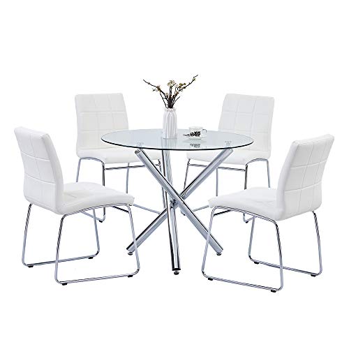 Sicotas Round Dining Table Set For 4 - Glass Top Kitchen Table And Faux Leather Dining Chairs,Clear Circle Dining Room Table Set,Modern Breakfast Nook Table Set For Dining Room Kitchen Dinette, White #TOP7