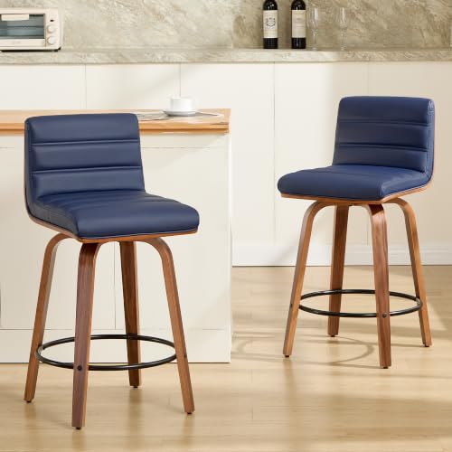 Image of Swivel Bar Stools Set of 3,26 inch Faux Leather Counter Height Barstools with Back,Mid Century Modern Upholstered Bar Chairs with Bentwood Legs Island Stools for Kitchen Counter Darkblue