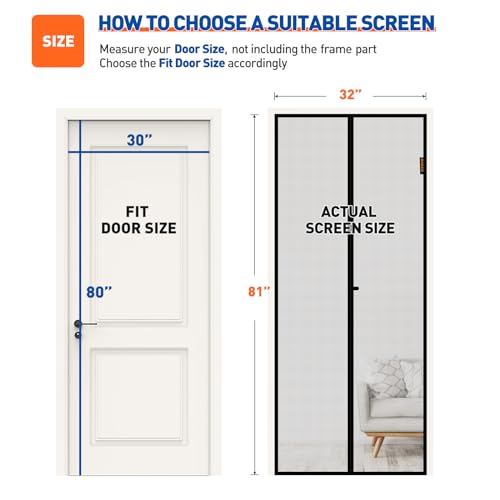 MAGZO Magnetic Screen Door Fit Door Size 30 x 80 Inch, Screen Size 32" x 81" Strong Magnets Mesh, Reinforced Fiberglass Net for Patio and Front Entrances, Gray - Thumbnail 2