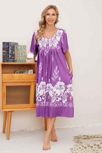 Image of House Dresses for Women with Pockets Mumu Dresses Short Sleeve Moo Moos for Women Nightgown Duster Lounge Dress S-3XL