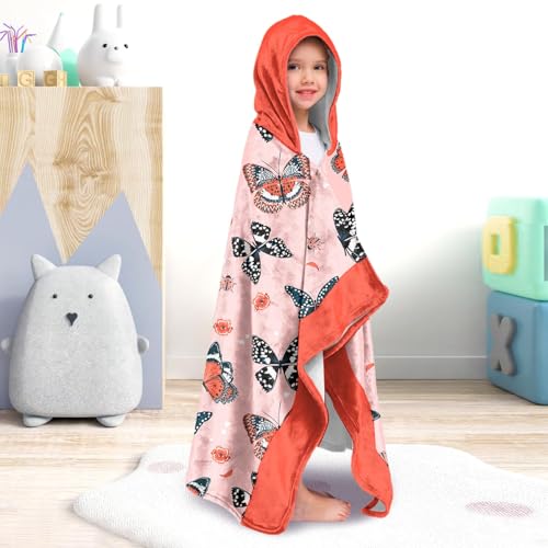 Image of Butterfly Print Girls Beach Towel with Hoodie for Kids Toddlers Age 4-8, Colorful Bath Towels Shower Wrap for Girls, Hooded Poncho Beach Blanket for Pool Swimming Cute Wearable Bath Towel for Child