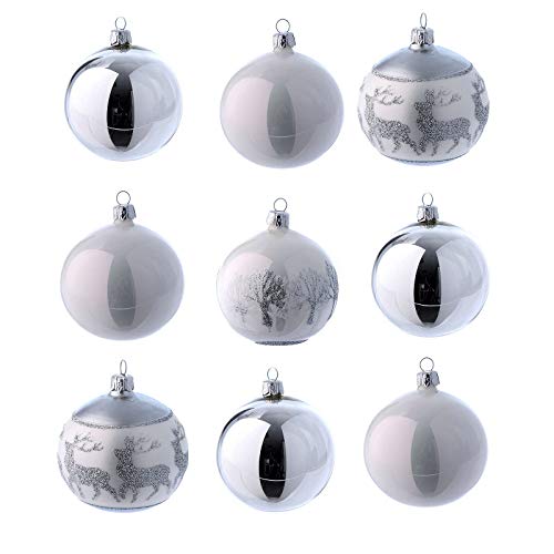 Holyart Weihnachtskugeln aus Glas 9er-Set in den Farben Weiss und Silber glänzend 80 mm