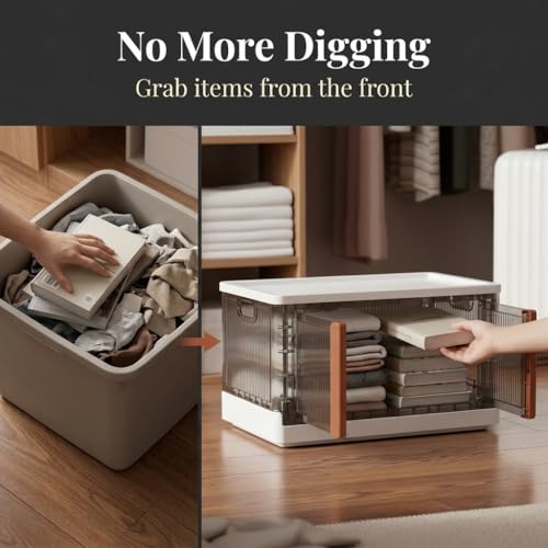 Image of PrettyKrafts Foldable Storage Bins with Lids & Wheels | Collapsible Plastic Storage Box with Double Door | Front & Top Opening Rolling Organizer for Toys, Clothes & Home Essentials, Pack of 1