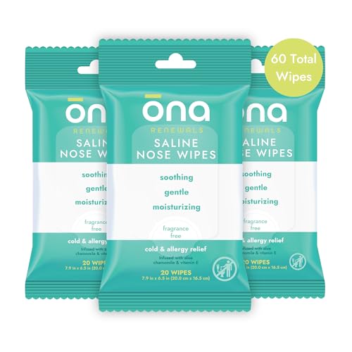 Ona Renewals Saline Nose Wet Wipes Hydrates and Soothes Made with Natural Saline with Aloe Vitamin E Chamomile Hypoallergenic Fragrance Free 20 Ct (Pack of 3)