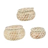 Uonlytech 3 piezas Cestas Tejidas con Tapa para Almacenamiento Interior Organizador de Escritorio de Paja Natural Caja Decorativa para Guardar Ropa y Objetos Salón y Dormitorio
