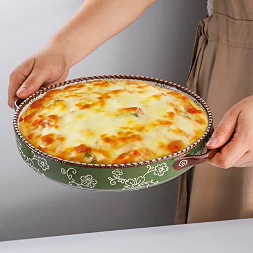 AVLA 2 Pack Ceramic Pie Pan, 23 cm Round Baking Dish with Double Handle, 28 Ounce Deep Quiche Plate for Kitchen, Cooking, Roasting Lasagna (Sakura, Green)