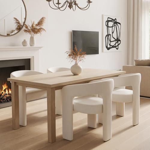 Image of HNY Modern Barrel Kitchen & Dining Room Chairs Set of 3, Linen Upholstered Accent Chairs with Arm, 18.5'' Wide Side Armchair Vanity Chairs for Living Room Bedroom Makeup Small Spaces, Ivory