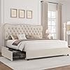 Hostack king bed frame with 4 storage drawers upholstered platform bed frame with button tufted headboard heavy duty mattress foundation with wooden slats no box spring needed beige king  urban country home decor