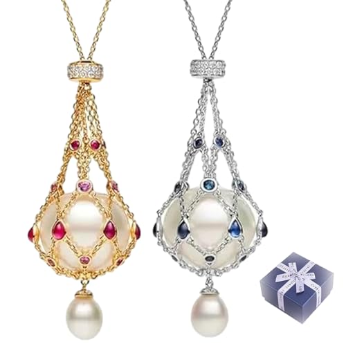 Repaly Lavalier-Anhänger Mit Perlen Und Edelsteinen, Handgefertigte Natürliche Perlenkäfig-Halskette Für Frauen Und Mädchen, Perlenhalter-Halskette, (Blau Rot)