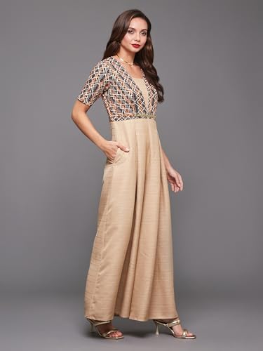 Image of Miss Chase Women's Square Neck Half Sleeve Geometric Pleated Silk Jumpsuit with Pockets