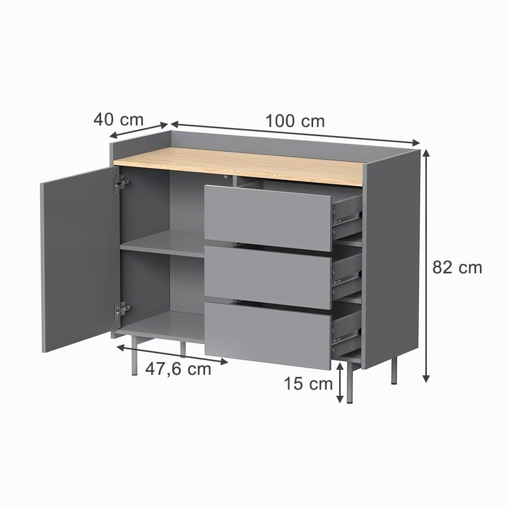 Vicco Cassettiera per camera da letto Velina, Grigio, 100 x 82 cm | con 3 cassetti e 1 anta, per riporre abiti e oggetti di uso quotidiano