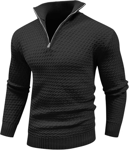 Genfien Pulls Homme en Tricoté 1/4 Zip Pullover Sweater Pull d'hiver Manches Longues Chaudes Pulls pour Homme avec Col Montant et Fermeture à Glissière