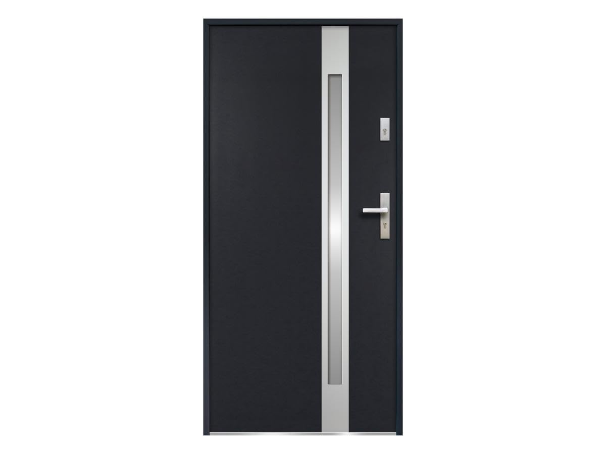 Vente-unique-Puerta de entrada de acero acristalada con inox Alt. 207 x Ancho 100 cm antracita - se abre hacia la izquierda BRAGA